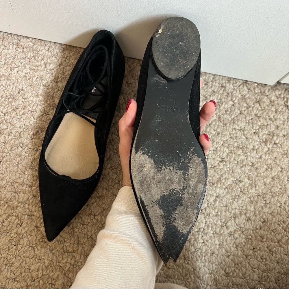 $495 Michael Kors black suede pointed toe lace-up ballet flats size 37.5/6.5 - Picture 5 of 6